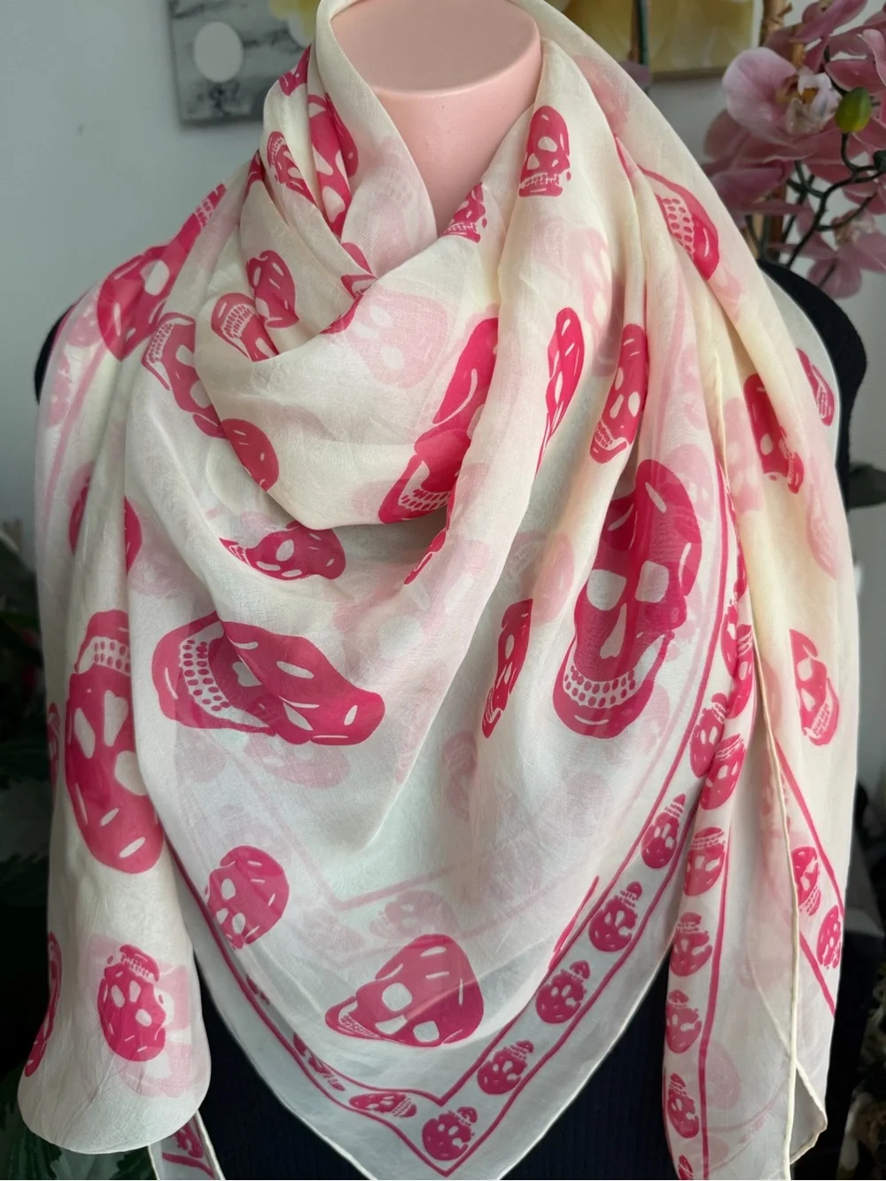 Alexander McQueen Sheer Pink Skull Print Wrap Silk Scarf.